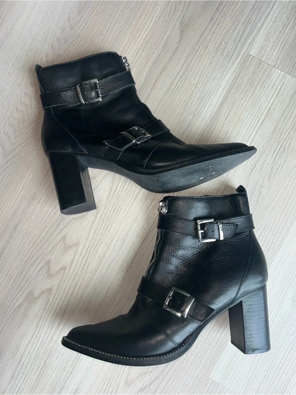 Halle Moto Buckle Booties Black 11M Leather Pointed Toe Side Zipper